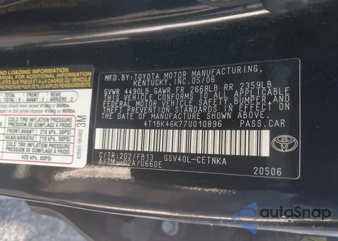 2007 Toyota Camry Le V6 из США, поврежденный, VIN 4T1BK46K77U010896